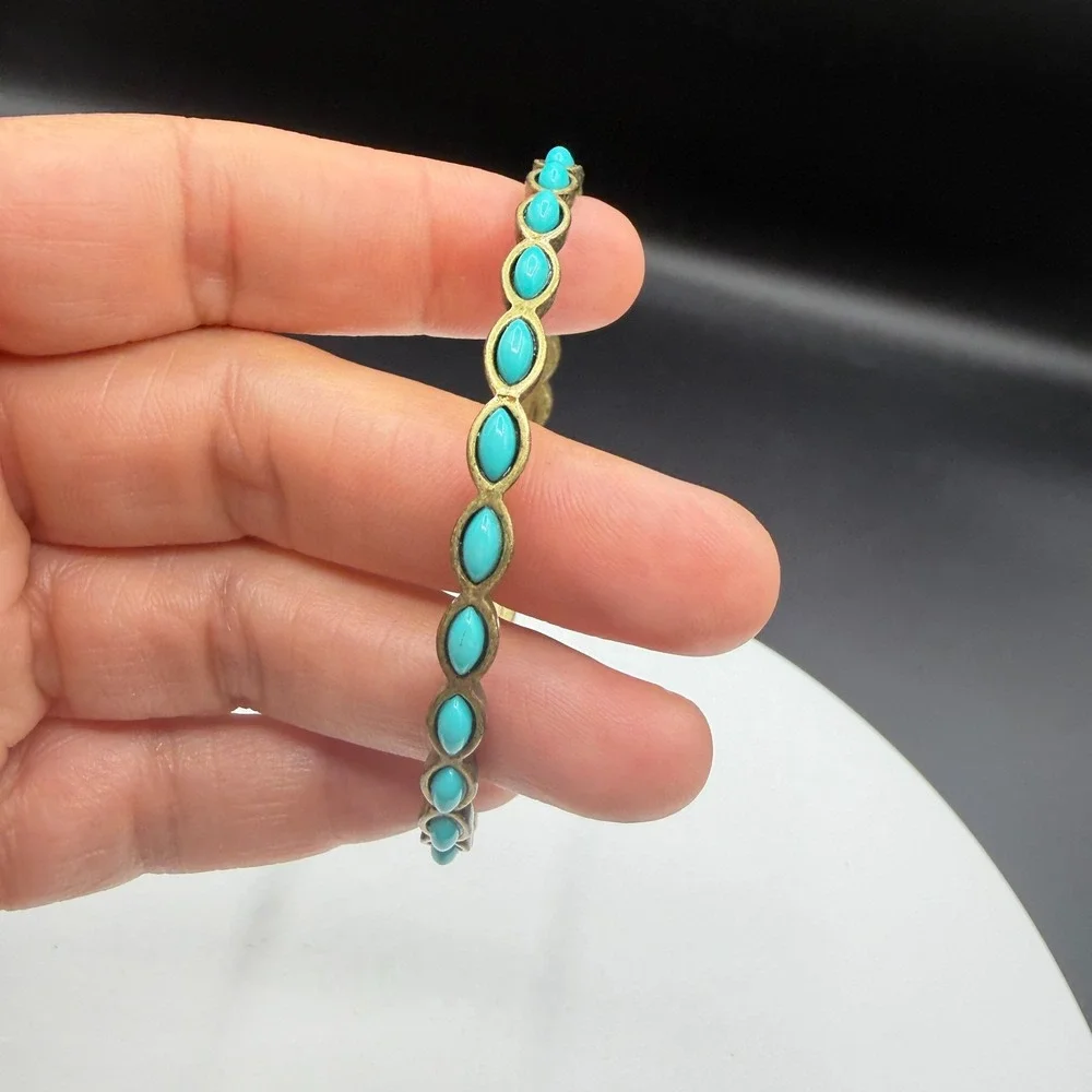 Vintage Style Turquoise & Brass Tone Cabochon Bangle Bracelet Boho Southwestern